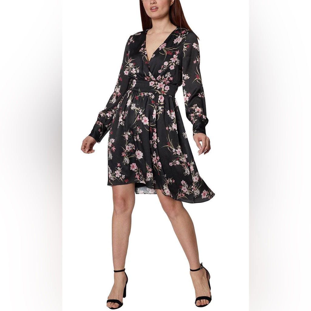 Bcbg Black Floral Long Sleeve Dress